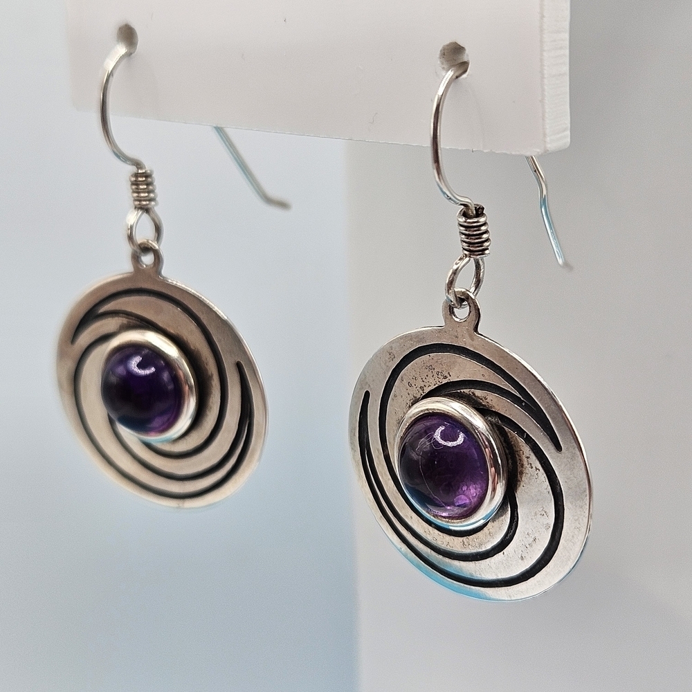 Steve Stamas Sterling Purple Amethyst Silver Round Dangle Fish Hook Earrings